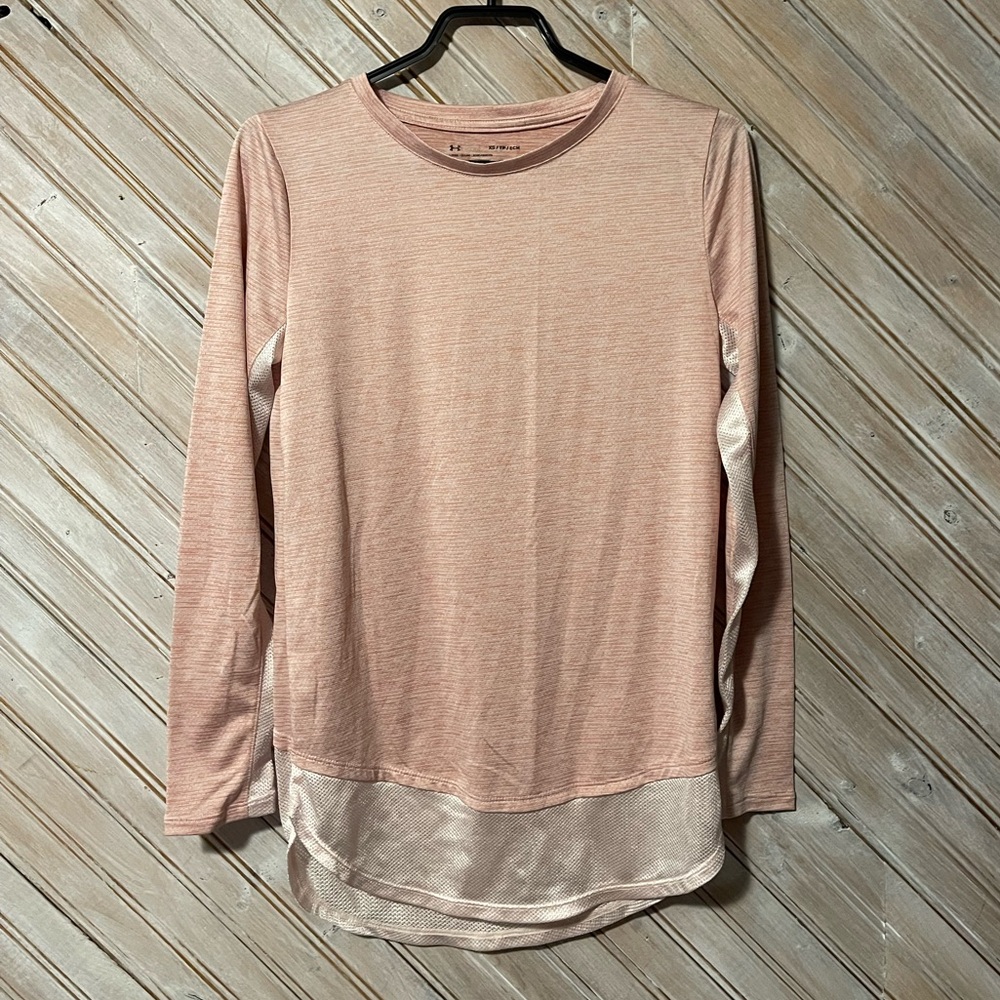 Under Armour pink loose fitting long sleeve workout shirt heat gear XS sheer